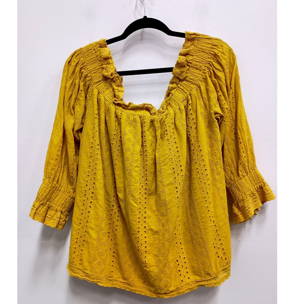 Endless Rose Eyelet Blouse Womens XL Yellow Smocked Off Shoulder Boho Top